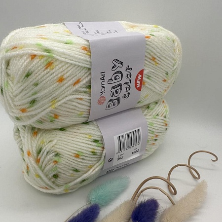 Пряжа Yarn Art Baby color (бэби) 202 белый в зеленую желтую и оранжевую точку